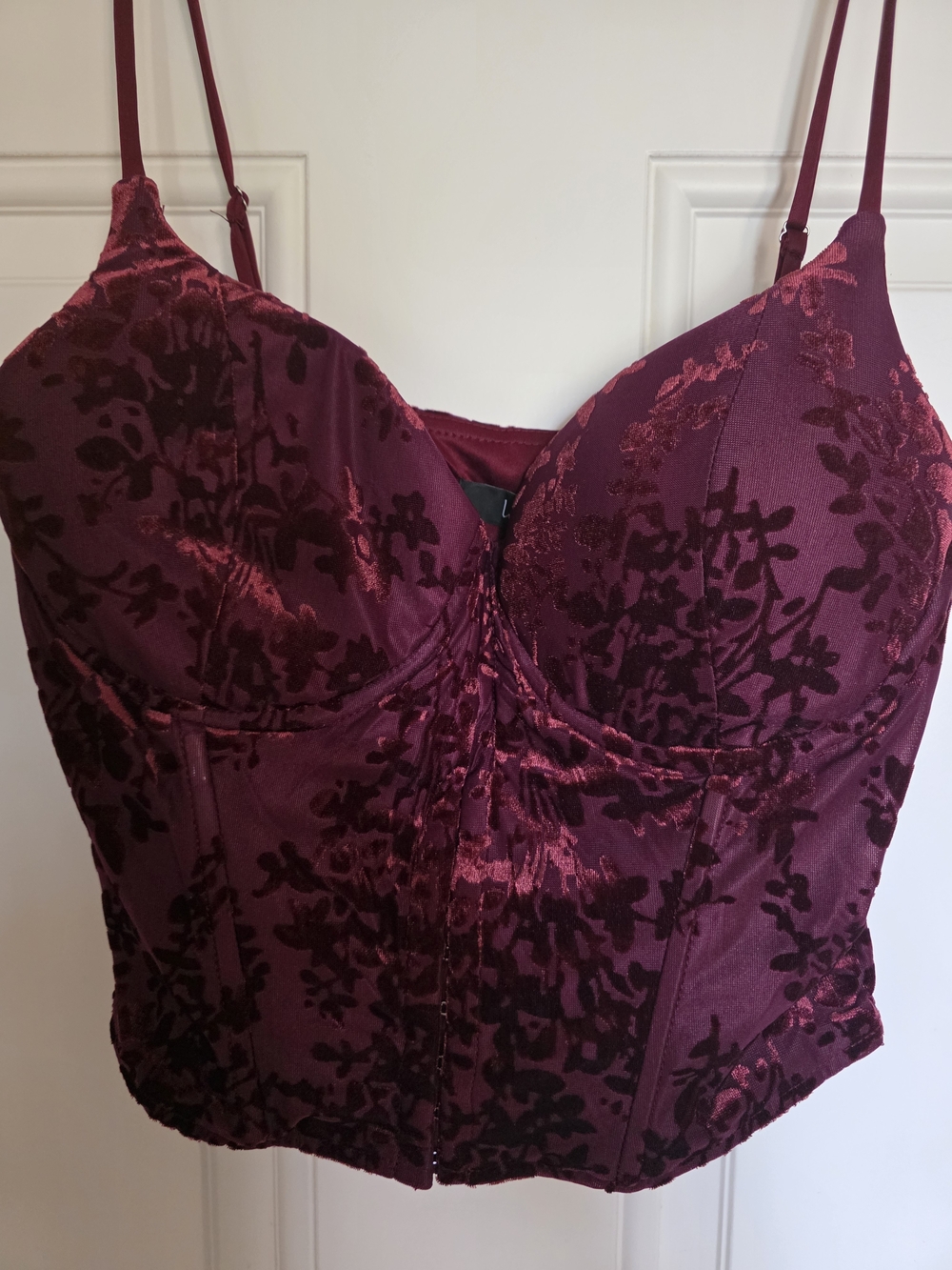 Lulu's Wine Red Velvet Floral Corset Top.